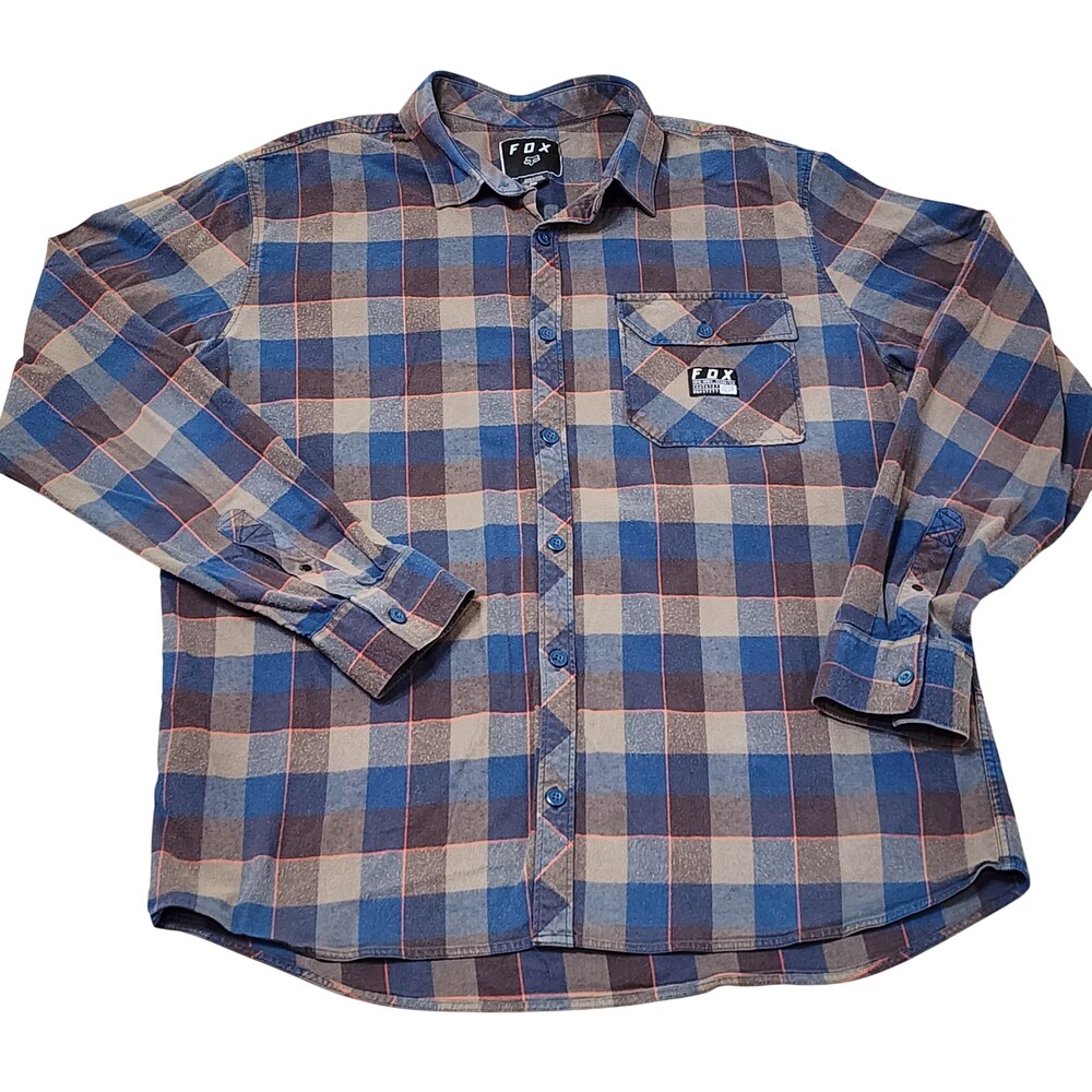Fox Shirt Mens XL Blue Plaid Long Sleeve Flannel Button Up Casual Stretch